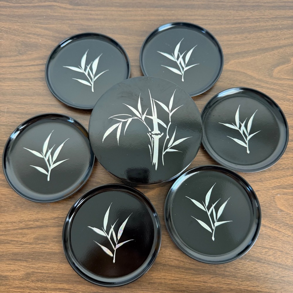 Vintage Otagiri Japan Lacquerware Coaster Set Mother of Pearl Bamboo Inlay 6pc